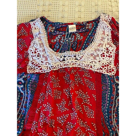 Bila Red Blue Paisley Boho Peasant Lacey Size Large Colorful Sheer Casual Top - Picture 8 of 12